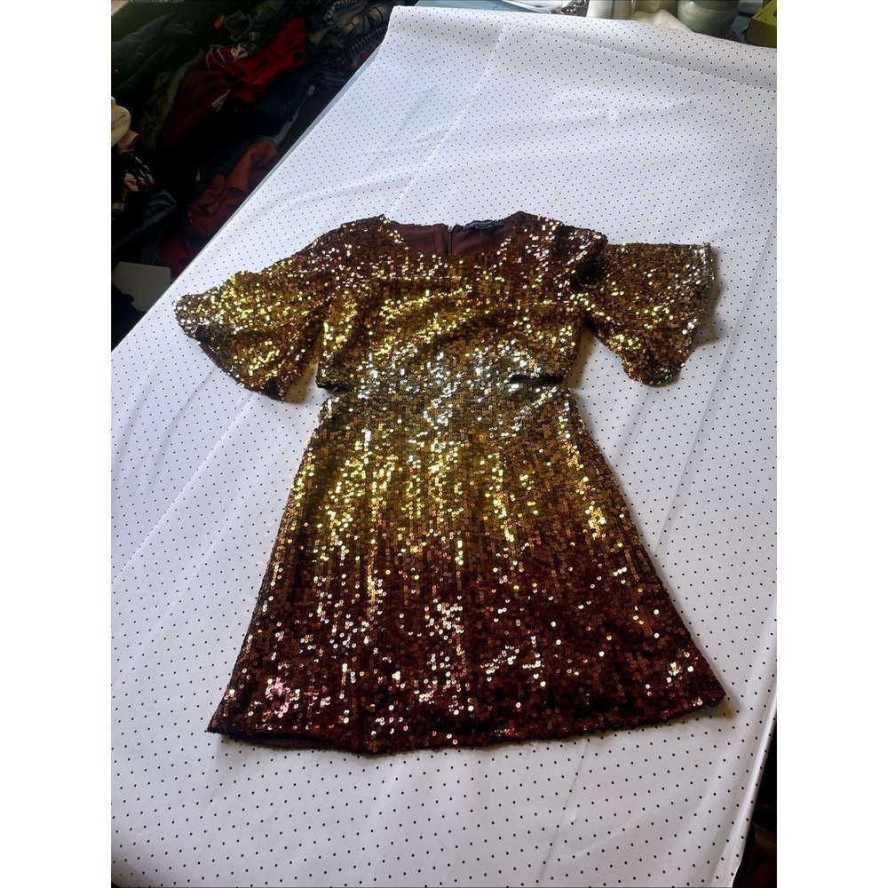 French Connection Bronze Sequin Mini‎ Dress Flutter Sleeve Party Cocktail Sz 6